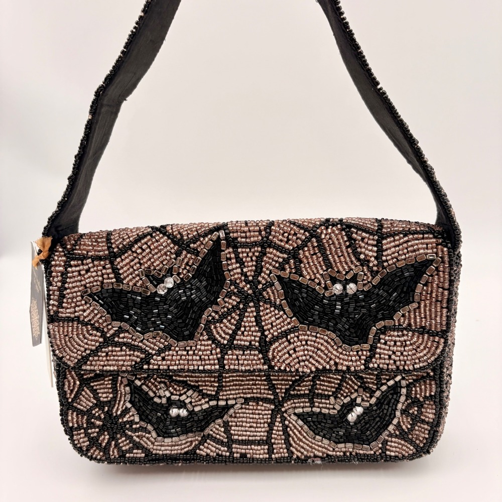Beaded Bat Spiderweb Shoulder Bag Black Bronze Gothic Halloween Purse NWT
